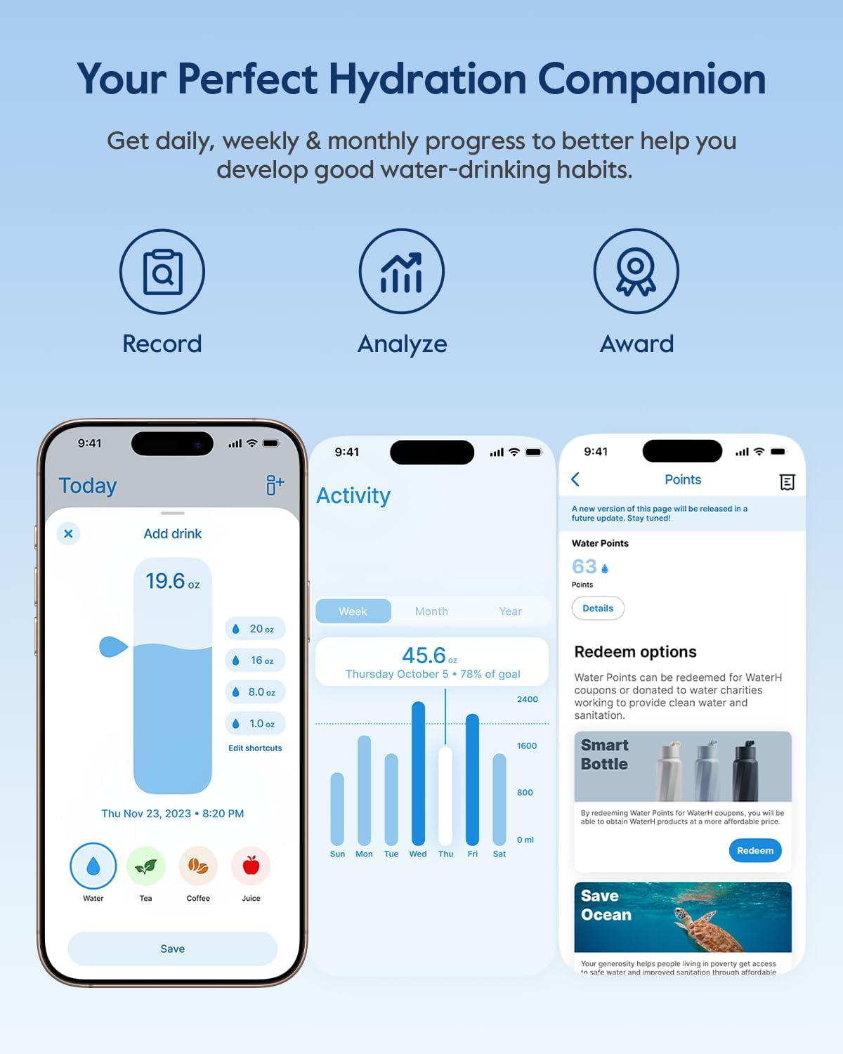 Smart Water Bottle with Reminder to Hydrate - Stainless Steel Vacuum Insulated  with Water Tracker