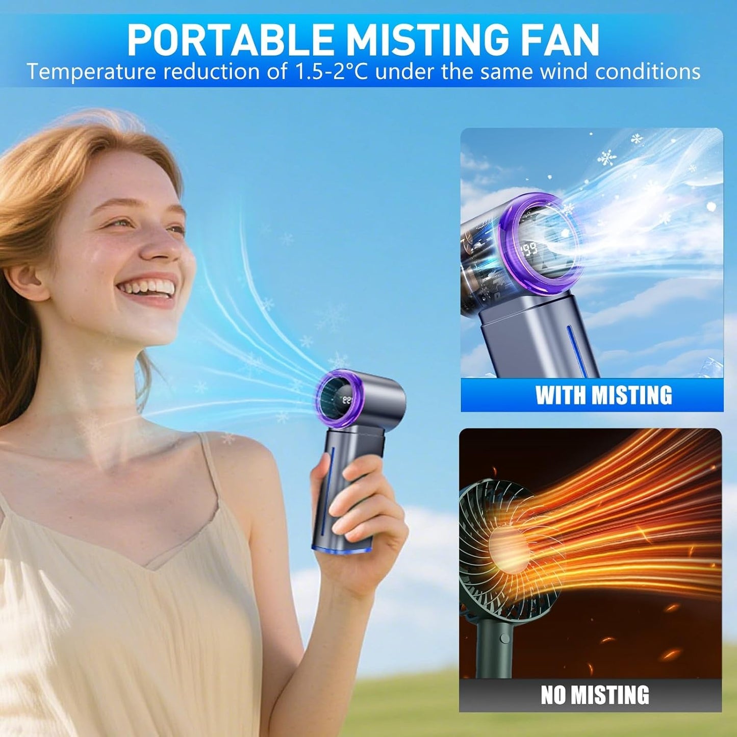 Portable Misting Fan - Mini Handheld Fan with Digital Display, 1-199 Speeds Adjustable (Grey)