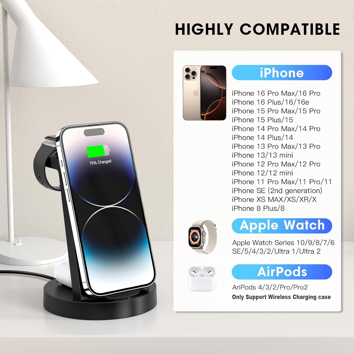 3-in-1 Charging Station for Apple - Wireless Charger for iPhone, Airpods +Apple Watch