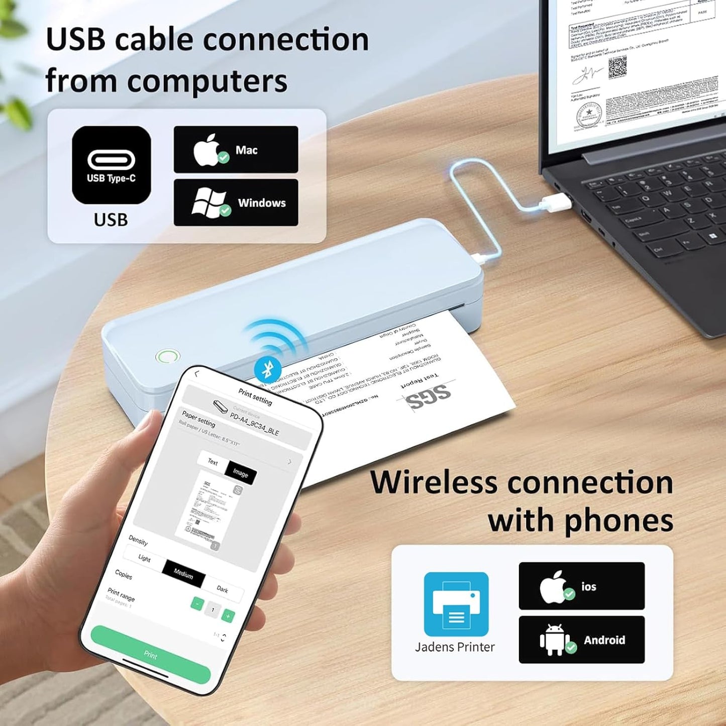 Inkless Portable Printer for Travel with Bluetooth Connection - Includes Carry Case and 3 Rolls of Thermal Paper Kit