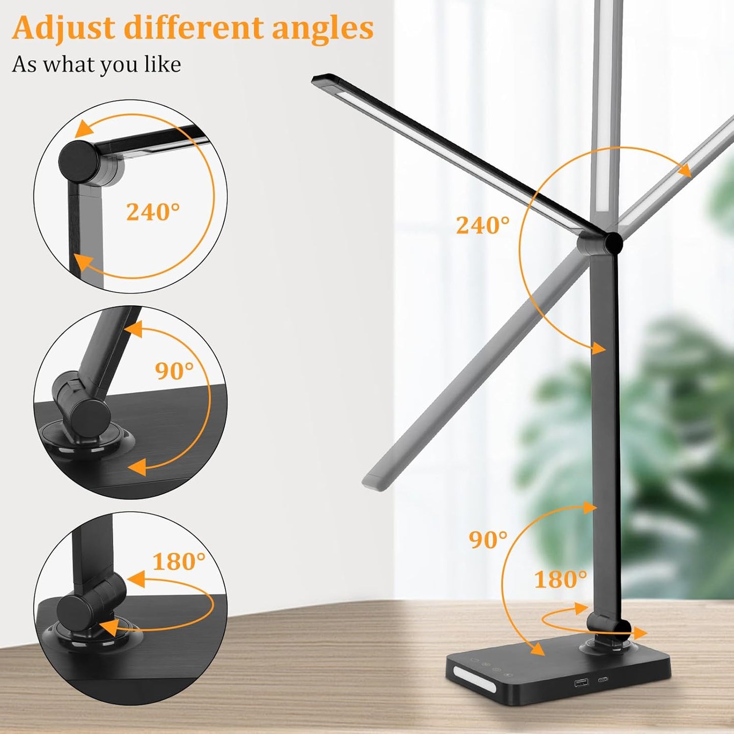 LED Desk Lamp with USB Ports- for Home Office with 5 Color Modes + 3 Brightness Modes (with adapter)