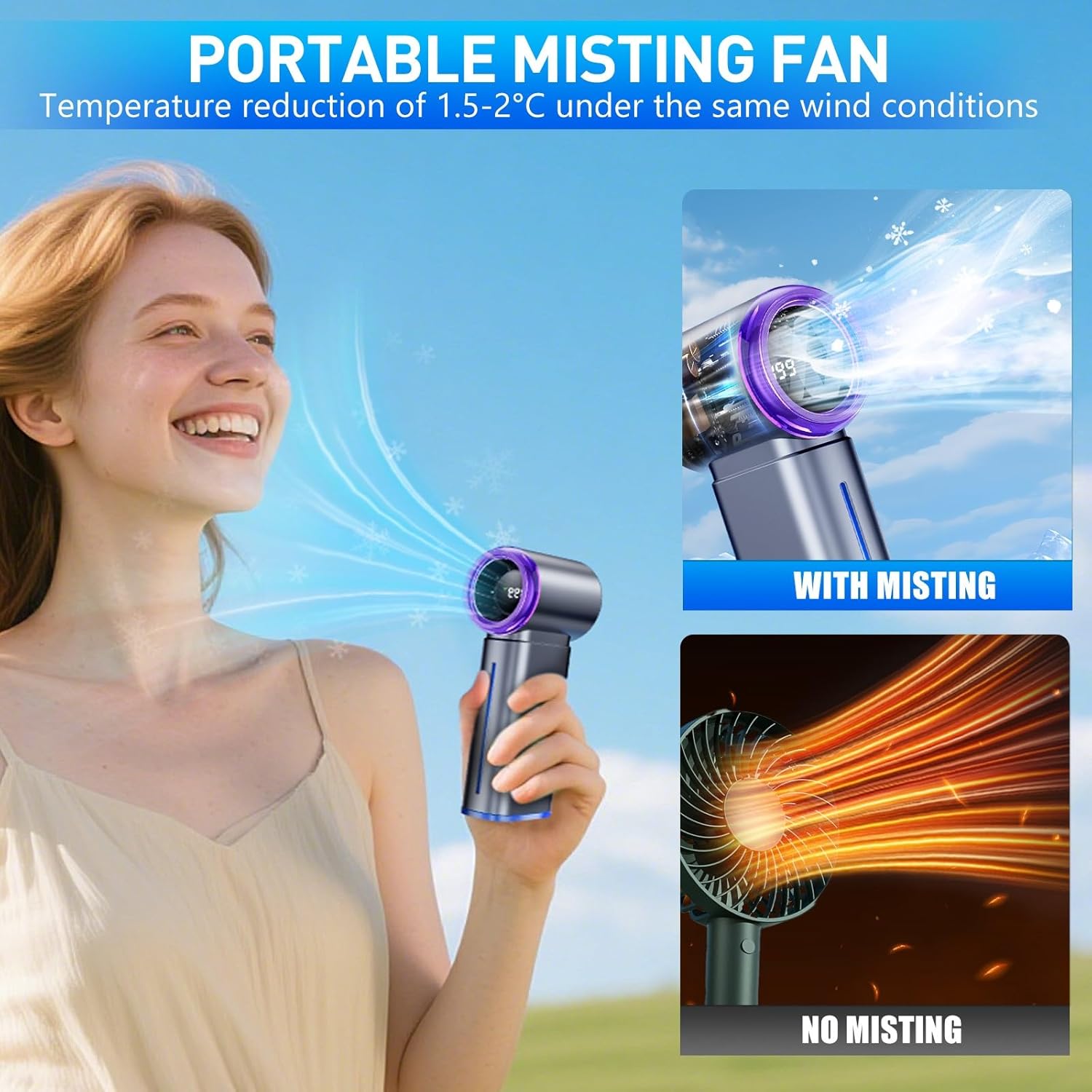 Portable Misting Fan - Mini Handheld Fan with Digital Display, 1-199 Speeds Adjustable (Grey)