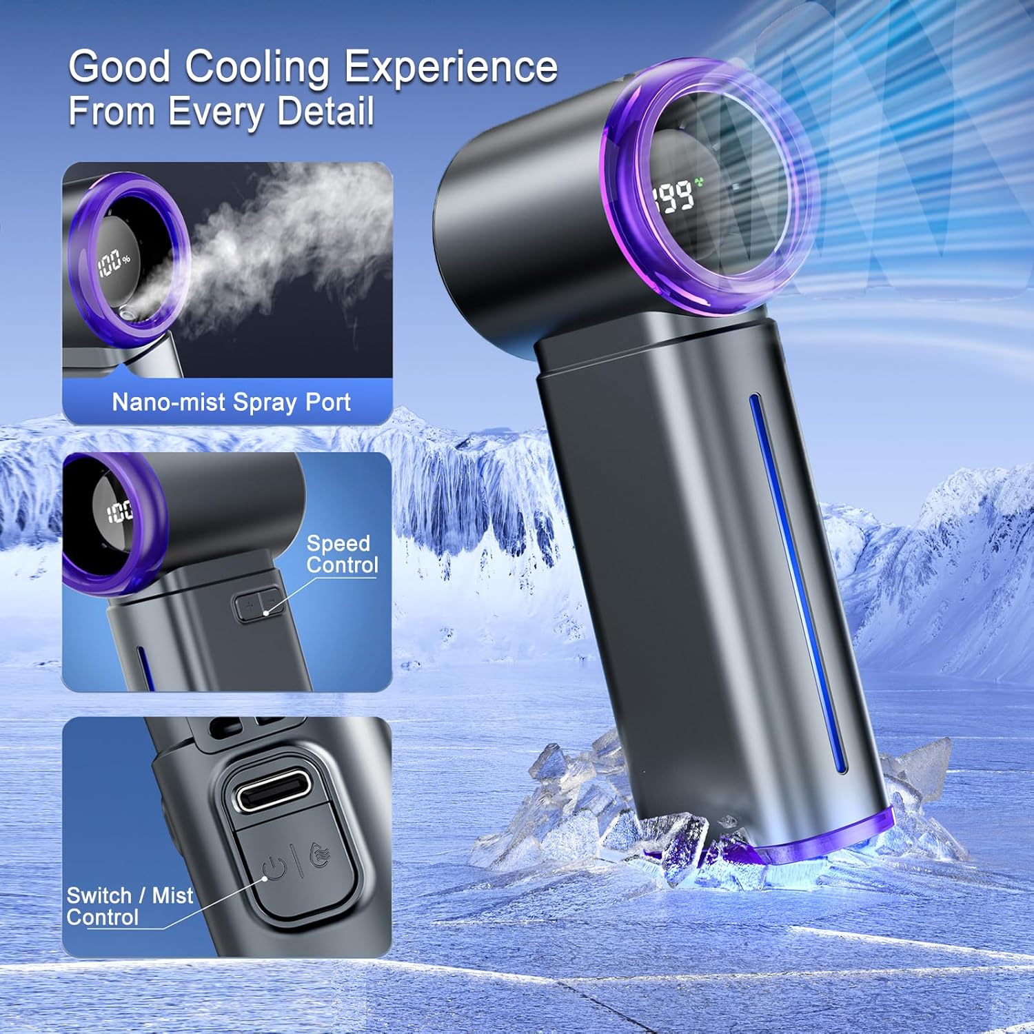 Portable Misting Fan - Mini Handheld Fan with Digital Display, 1-199 Speeds Adjustable (Grey)