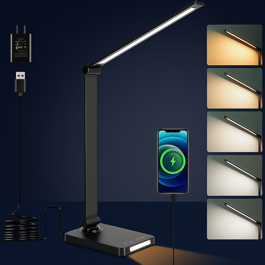 LED Desk Lamp with USB Ports- for Home Office with 5 Color Modes + 3 Brightness Modes (with adapter)